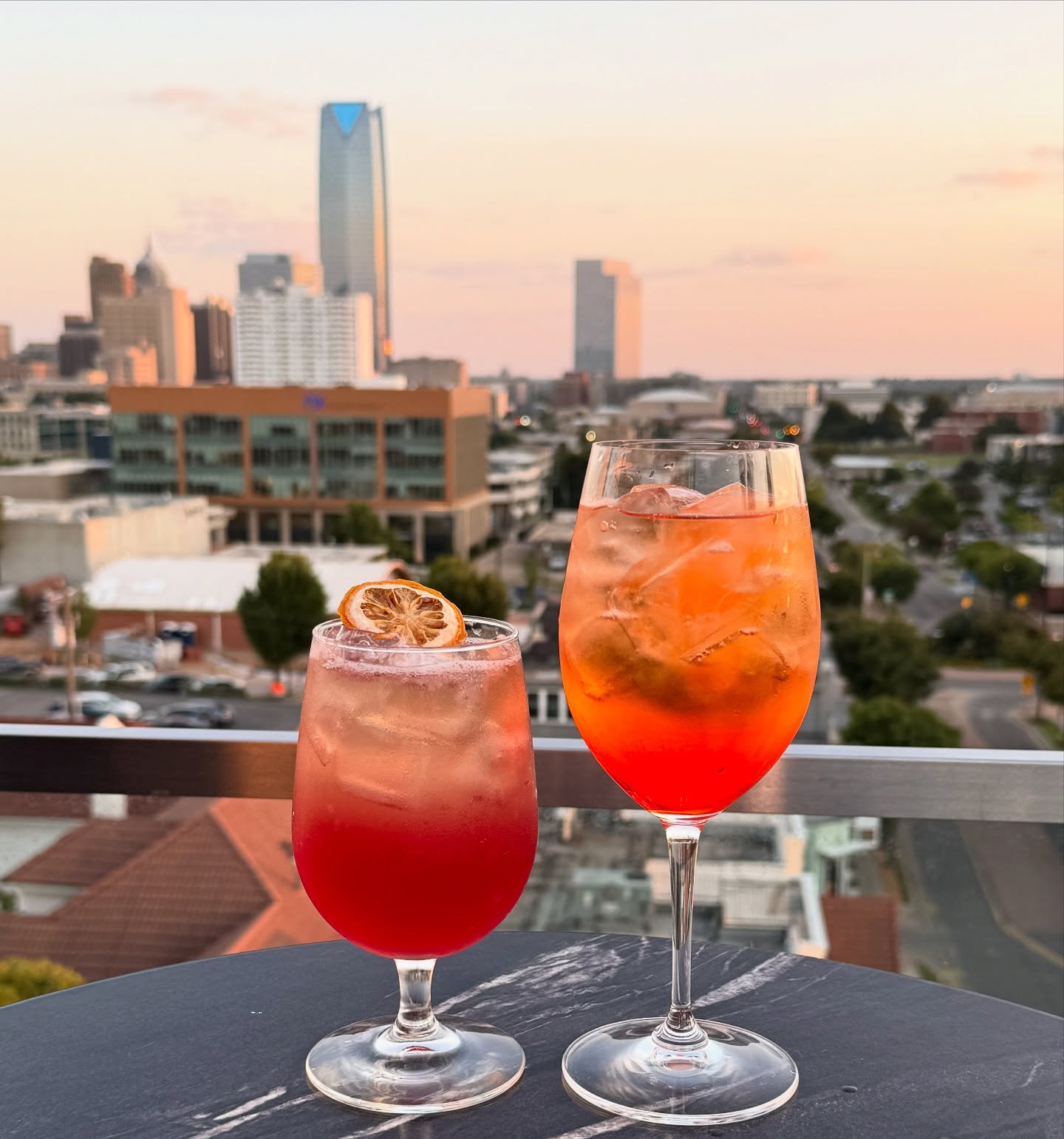 Cocktails above the Oklahoma City skyline at sunset, O Bar
